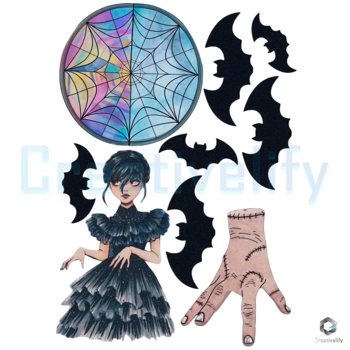 Wednesday Addams Gothic Creepy Cute Hand Bat Spiderweb Halloween PNG Wednesday Addams Gothic Creepy Cute Hand Bat Spiderweb Halloween PNG