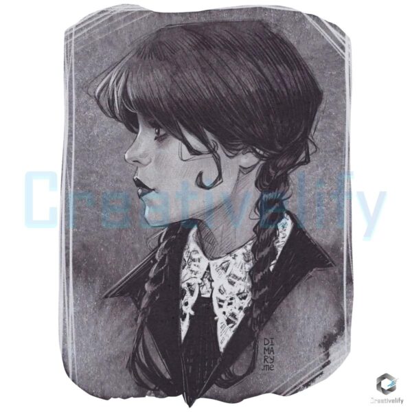 Wednesday Addams Gothic Portrait Sketch Dark Academia Halloween PNG