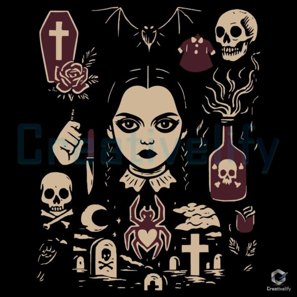 Wednesday Gothic Girl Skull Coffin Vintage Graveyard Halloween SVG