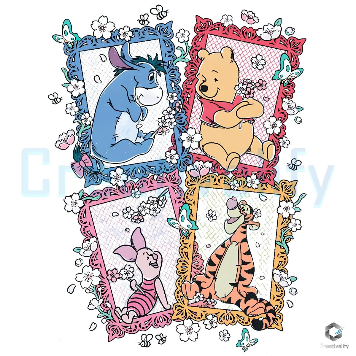 Winnie The Pooh Friends Eeyore Piglet Tigger Floral Frame PNG Winnie The Pooh Friends Eeyore Piglet Tigger Floral Frame PNG