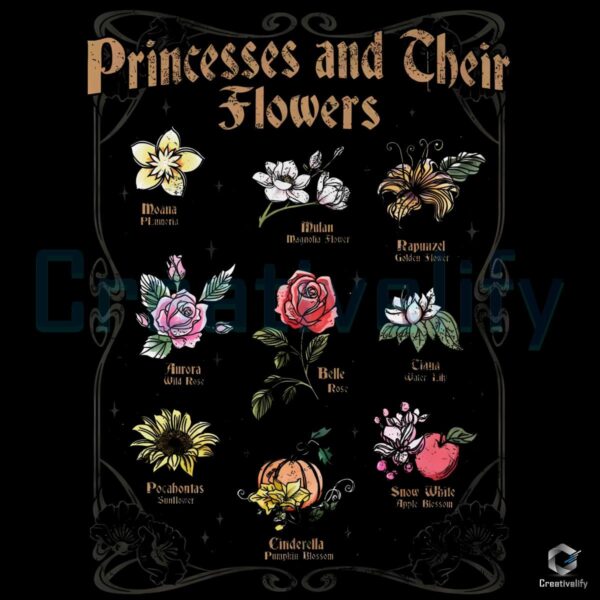 Disney Princess Flowers Vintage Botanical Chart PNG