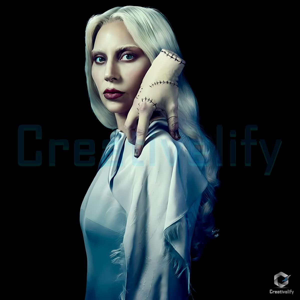 Lady Gaga Wednesday Season 2 Rosaline Rotwood With Thing Hand PNG Lady Gaga Wednesday Season 2 Rosaline Rotwood With Thing Hand PNG