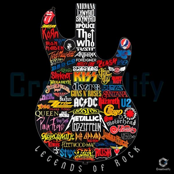 Legends Of Rock Guitar Shape Iconic Bands Logo Collage PNG