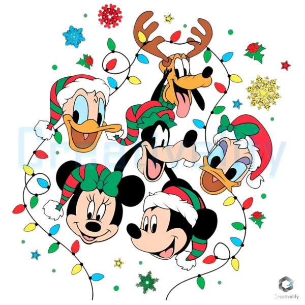Mickey And Friends Christmas Faces Santa Hats Snowflakes Lights PNG