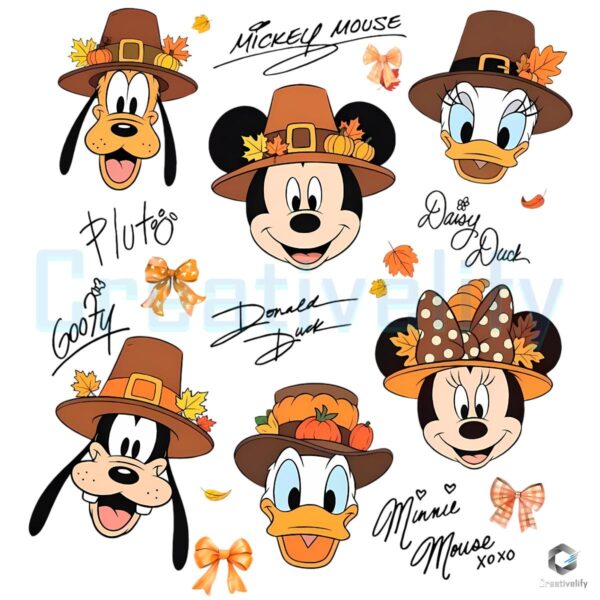 Mickey And Friends Thanksgiving Pilgrim Hats Autumn Pumpkin Leaves PNG