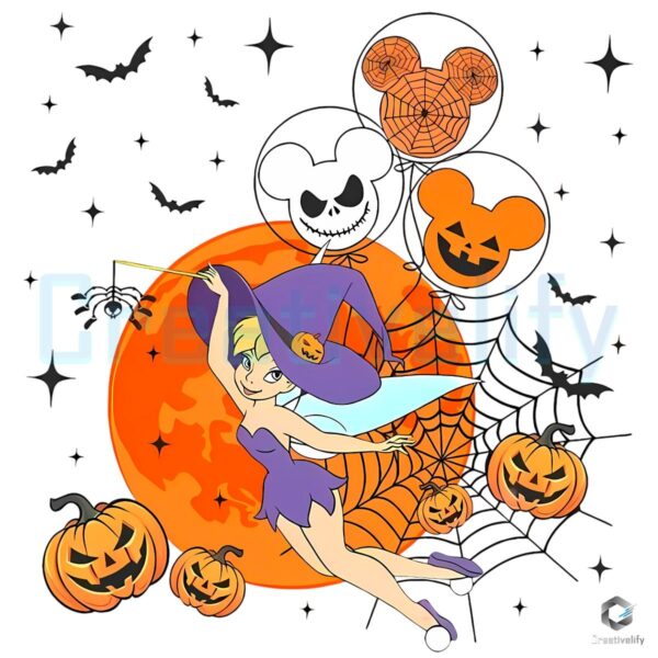Tinkerbell Halloween Pumpkin Balloons Spiderweb Moon Disney PNG