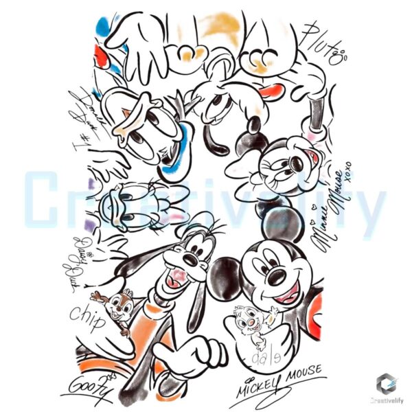 Vintage Disney Mickey Mouse Friends Circle Sketch Chip Dale Goofy Pluto PNG